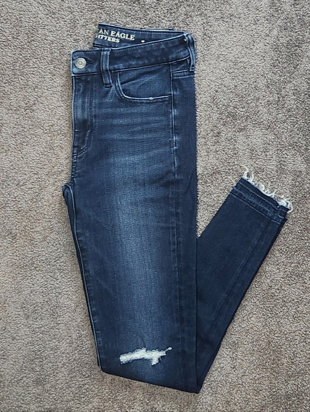 Dark Wash Distressed American Eagle Mid Rise Jeggings